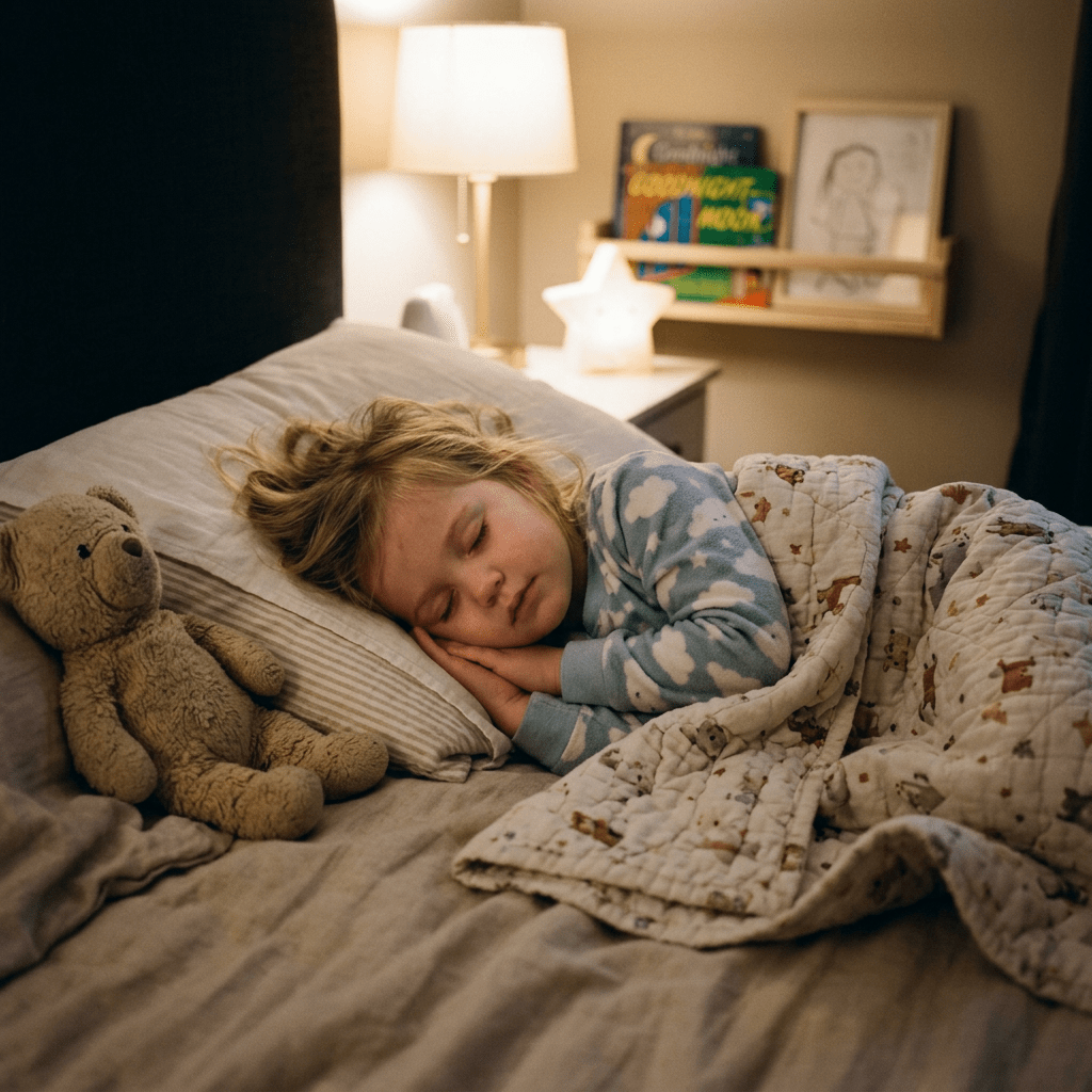Young child sleeping in bed with teddy bear and patterned blanket