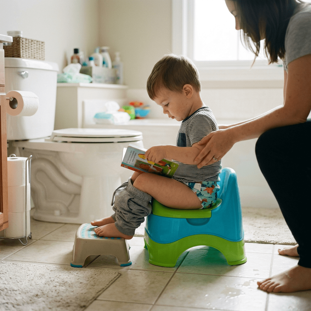 Toddler sitting on potty chair reading a book with a parent helping