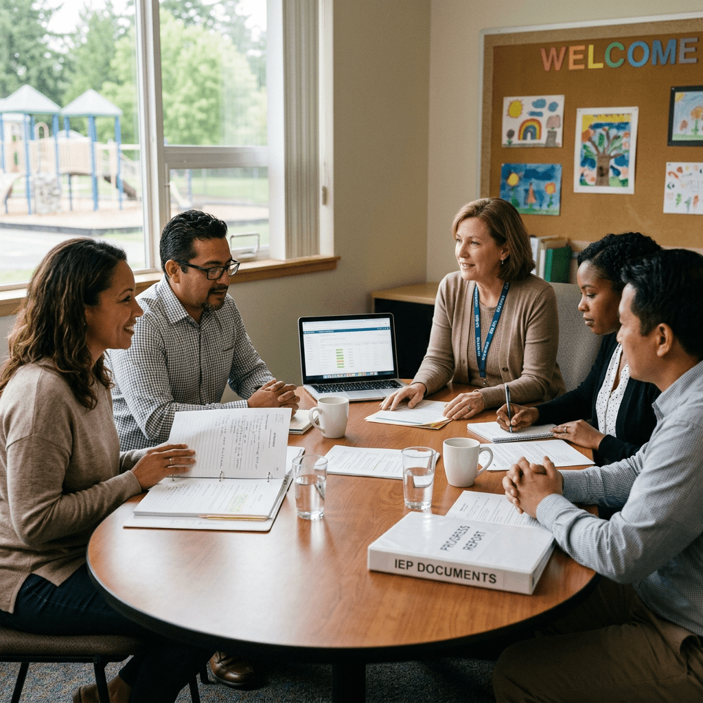 Five adults sitting around a table reviewing IEP documents and using a laptop in a school office.