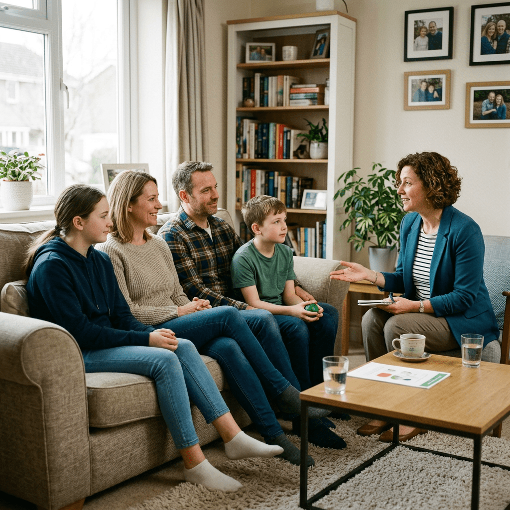 Family of four talking with a female therapist during a counseling session at home